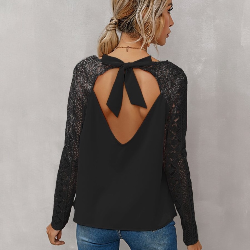 embroidered sheer long sleeve top open bacK black - Picture 2 of 10